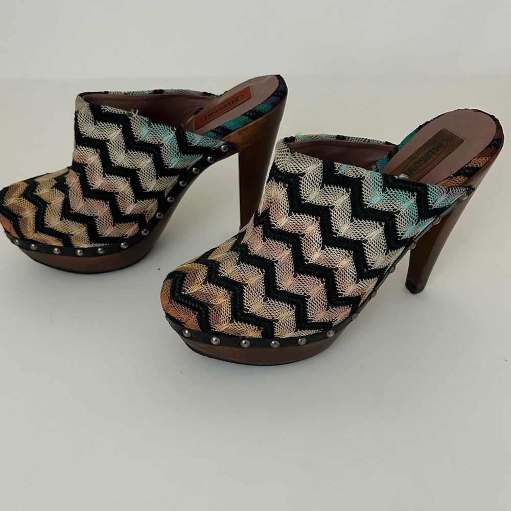 Missoni Crochet-knit Multicolor Round Toe Chevron Print Wood Clog EU 40 US 10 - Picture 11 of 12